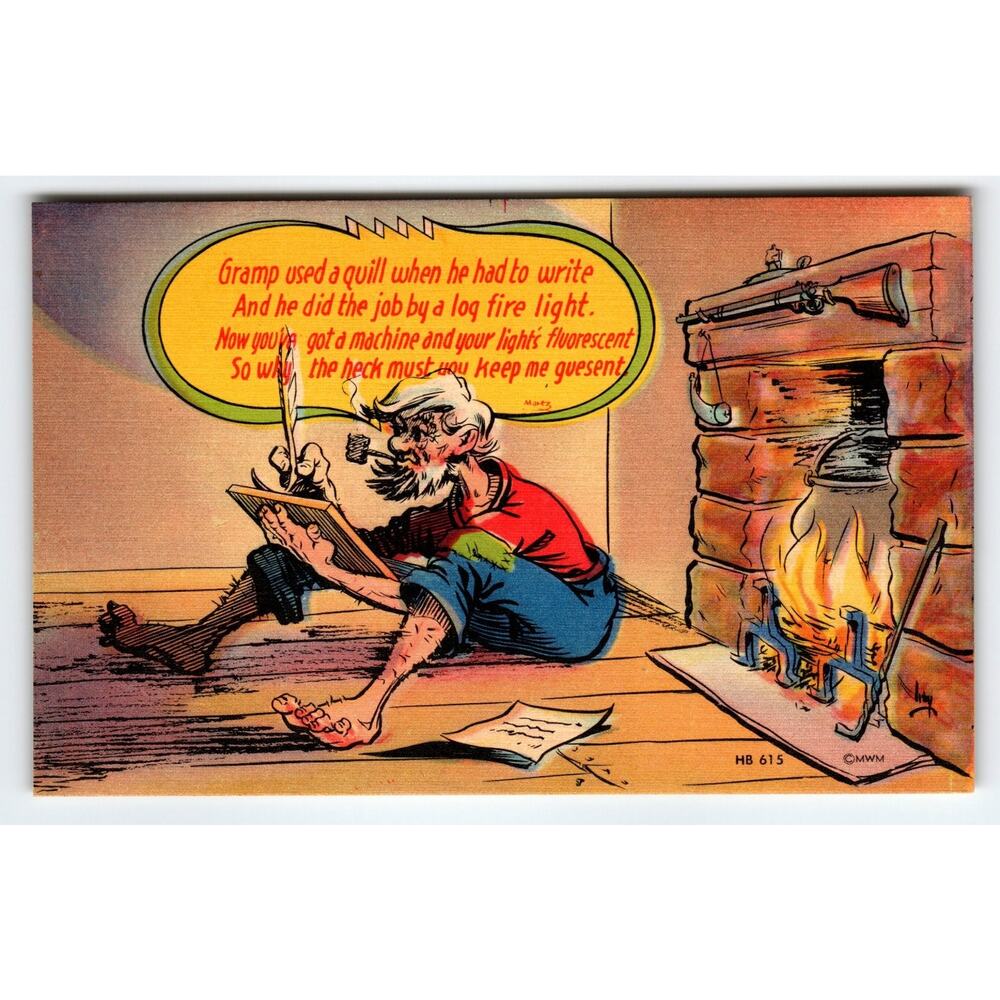 Vintage Linen Postcard Comic Gramp Writing by Log Fire HB 615